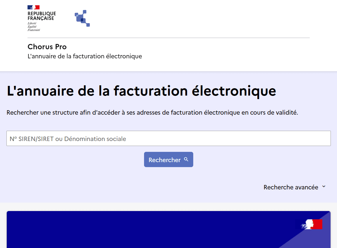 Interface de recherche de l'annuaire de facturation électronique Chorus Pro Interface de recherche de l'annuaire de facturation électronique Chorus Pro