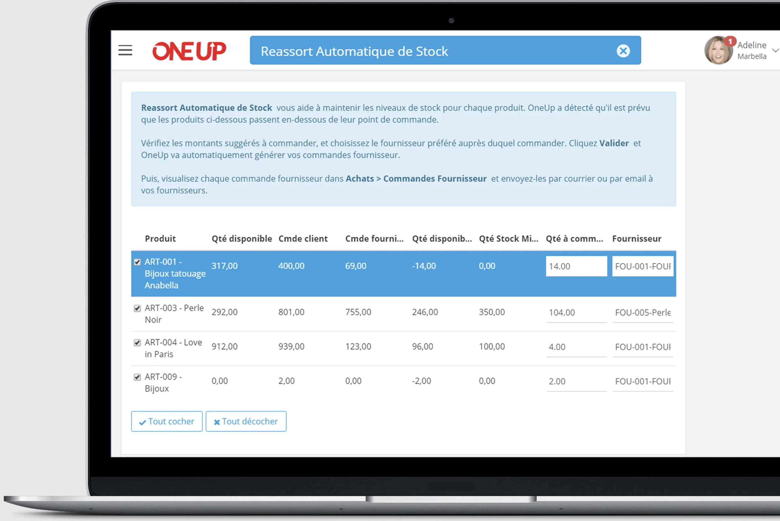 Interface de gestion de stock OneUp : simple, visuelle et efficace Interface de gestion de stock OneUp : simple, visuelle et efficace