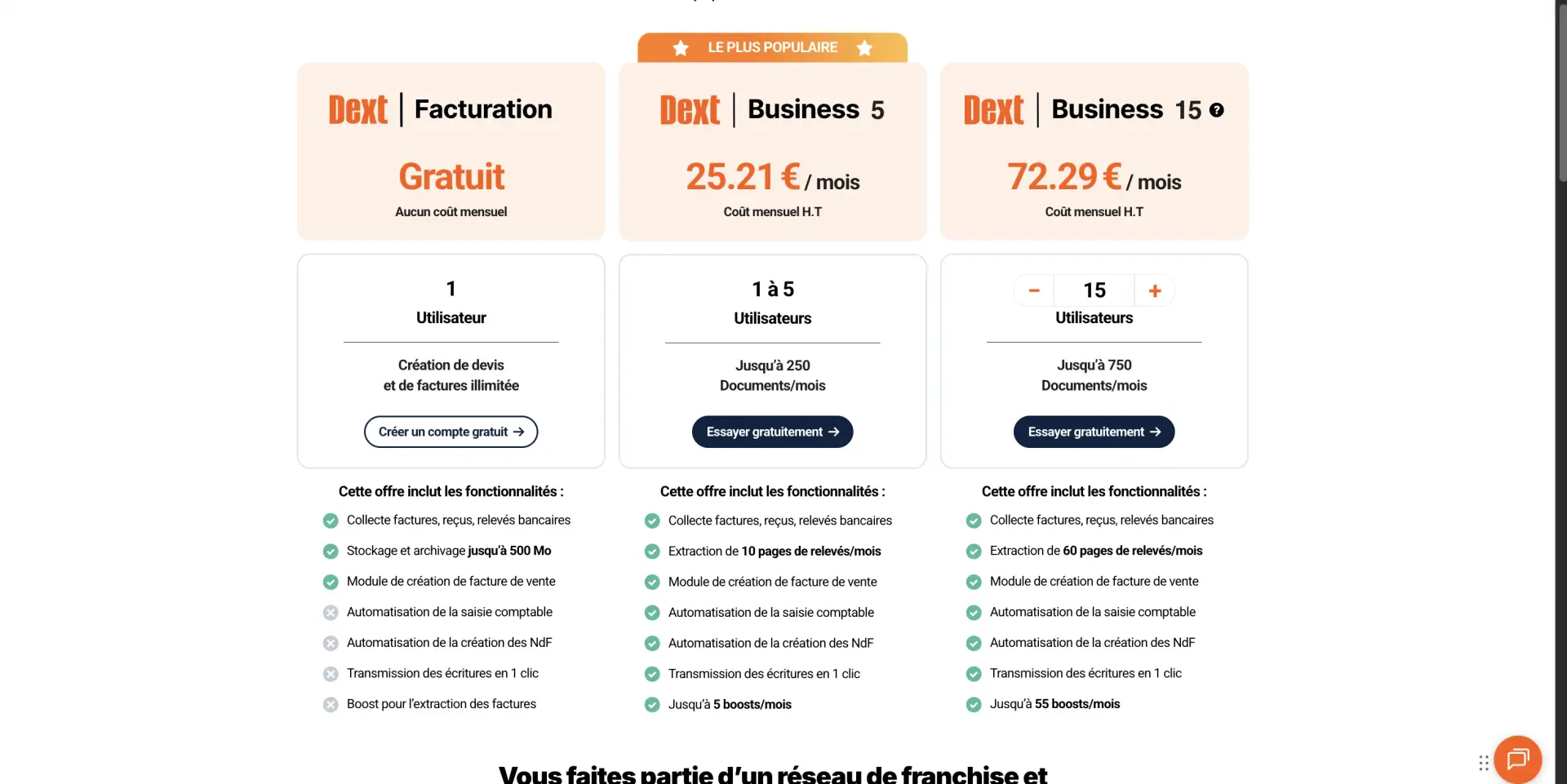 Les tarifs Dext segmentés par volume et fonctionnalités Les tarifs Dext segmentés par volume et fonctionnalités